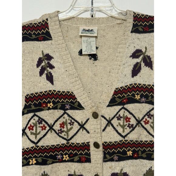 Vintage Northern Reflections Beige Fair Isle Leaf Pattern Sweater Vest, Size L - Picture 3 of 4